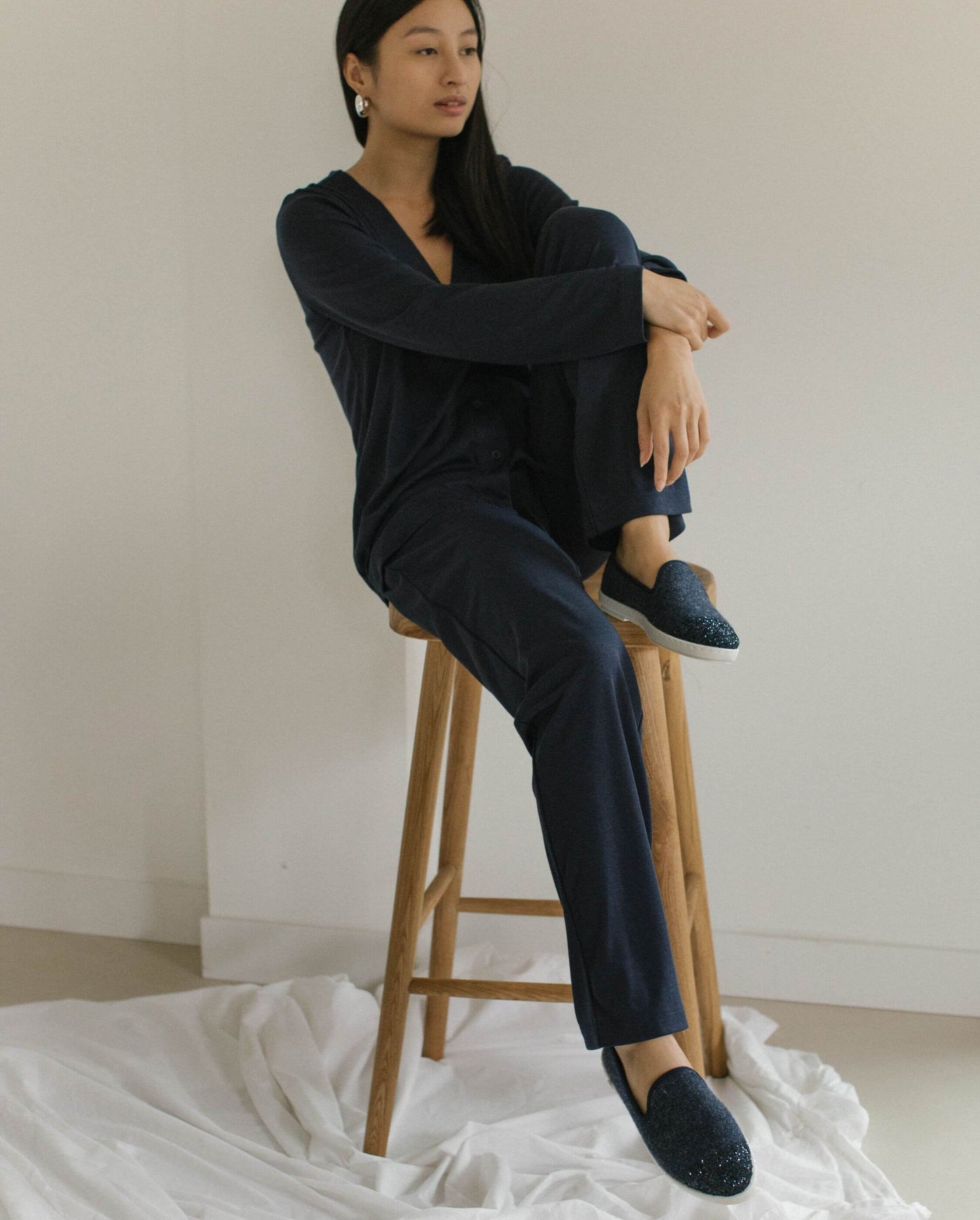 Chausson femme laine - Marine paillettes