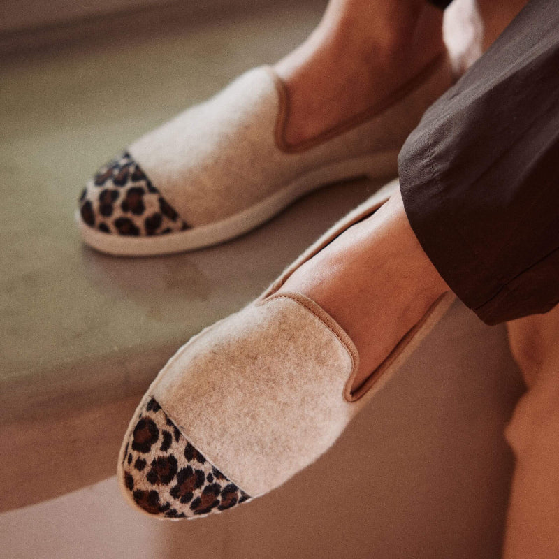 Chausson femme laine - beige léopard