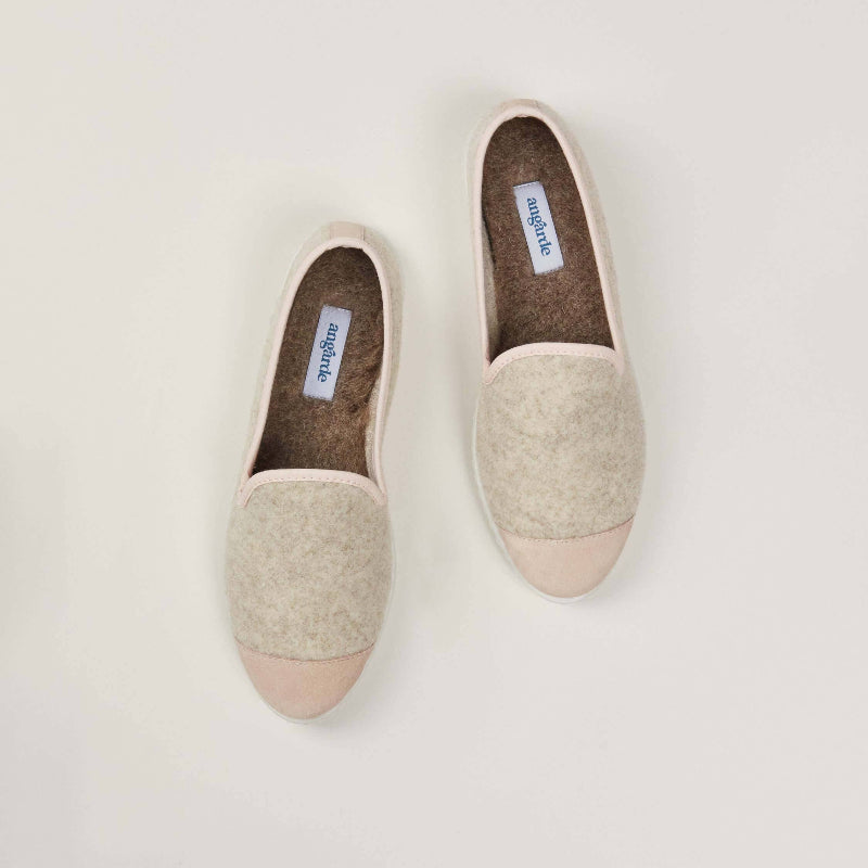 Chausson femme laine, beige rose poudré