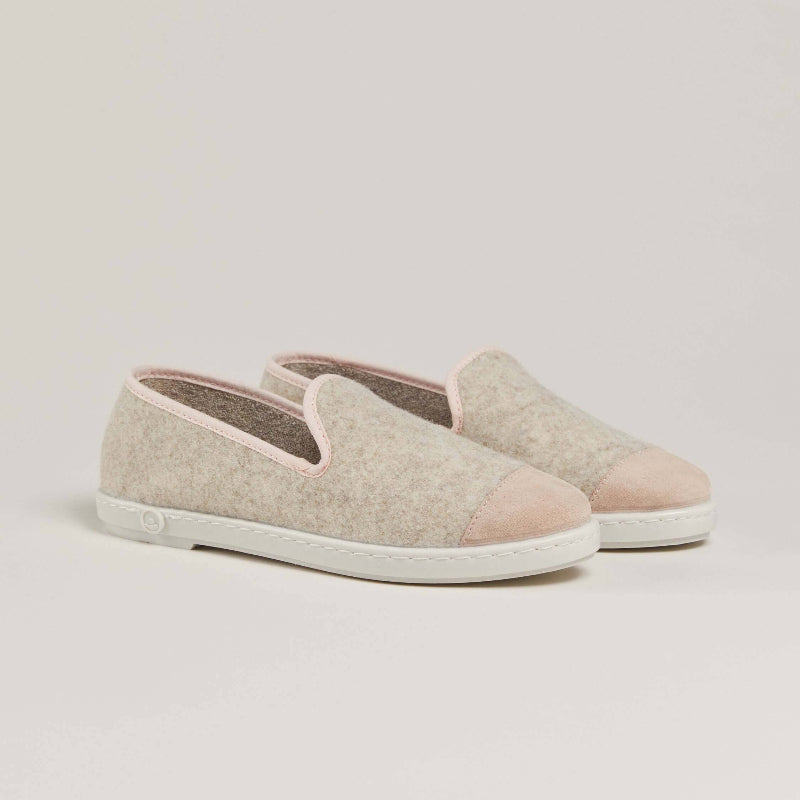 Chausson femme laine, beige rose poudré