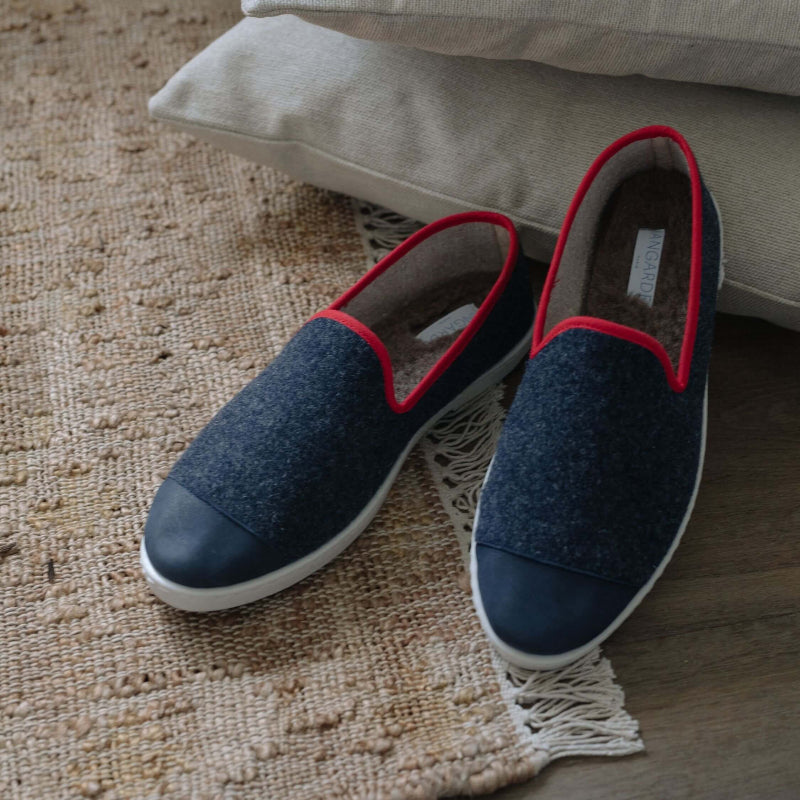 Chausson homme laine, marine rouge