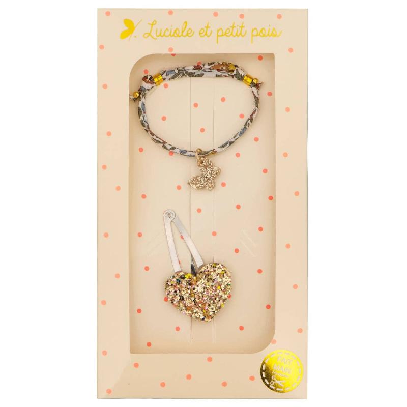 Coffret cadeau - Barrette cœur doré multi & bracelet Liberty Ava autumn (papillon doré)