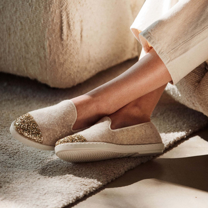Chausson femme laine - beige paillettes