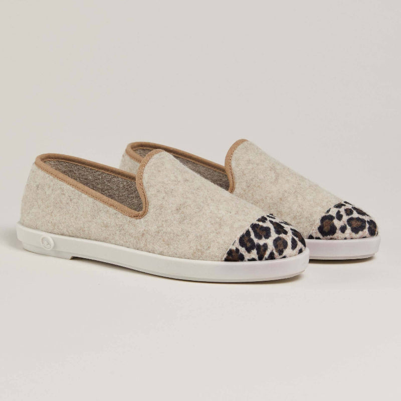 Chausson femme laine - beige léopard
