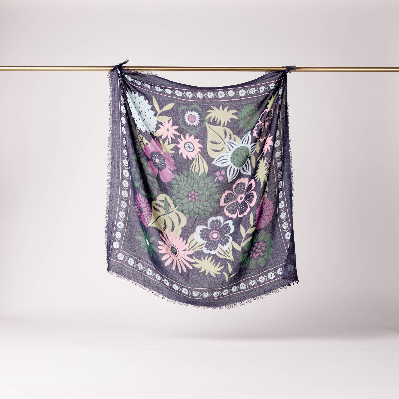 FOULARD LAINE ET SOIE WINTER BLOOM BLEU ORAGE