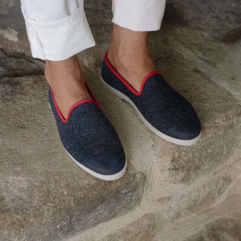 Chausson homme laine, marine rouge