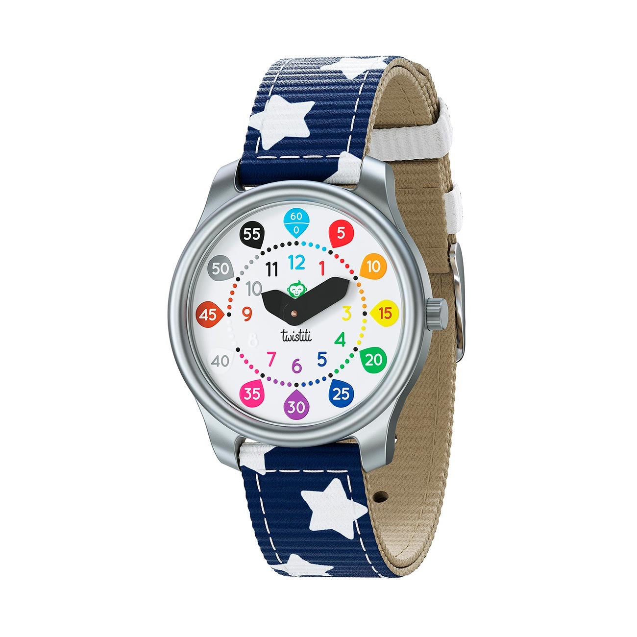 Une montre pour apprendre à lire l'heure dès 6 ans Découvrez la montre Twistiti, ludique et éducative, parfaite pour tous les enfants qui apprennent à lire l’heure comme les grands. Colorée, avec des nombres bien lisibles et clairs. Bracelet bleu orné d’étoiles blanches