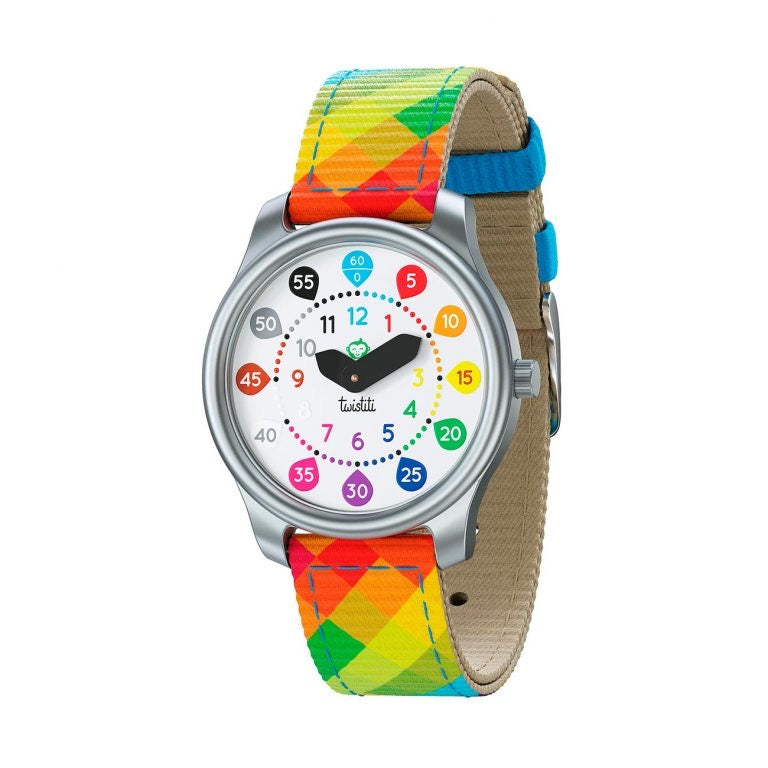 Une montre pour apprendre à lire l'heure dès 6 ans Découvrez la montre Twistiti, ludique et éducative, parfaite pour tous les enfants qui apprennent à lire l’heure comme les grands. Colorée, avec des nombres bien lisibles et clairs. Bracelet arlequin, losanges multicolores