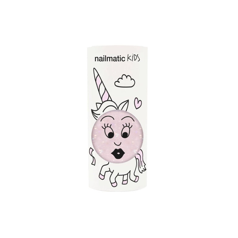 Vernis pour enfant à base d'eau et se retire à l'eau de la marque Nailmatic. le voici dans sa version rose transparent pailleté