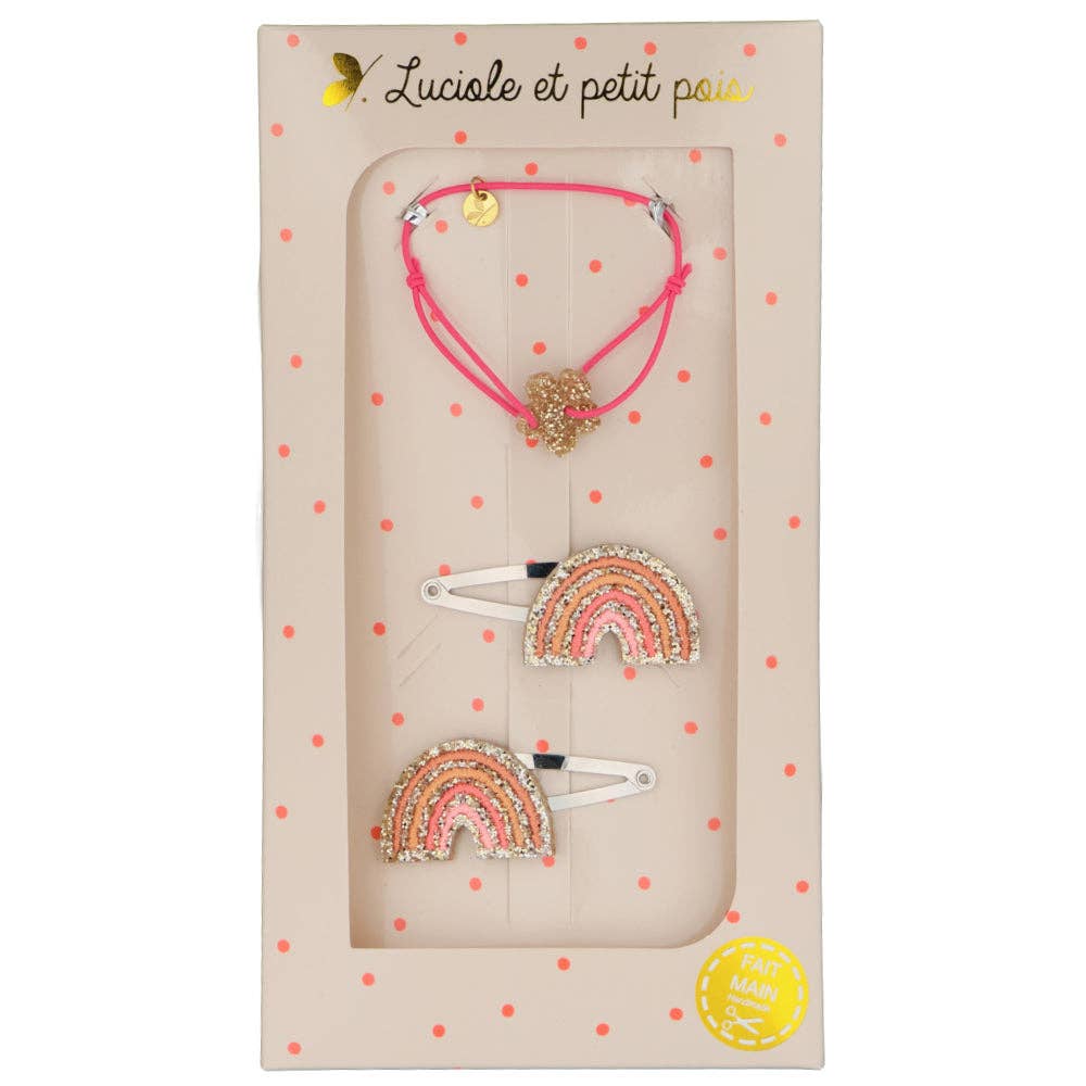 Coffret cadeau - Bracelet fuchsia & Barrettes arcs-en-ciel roses