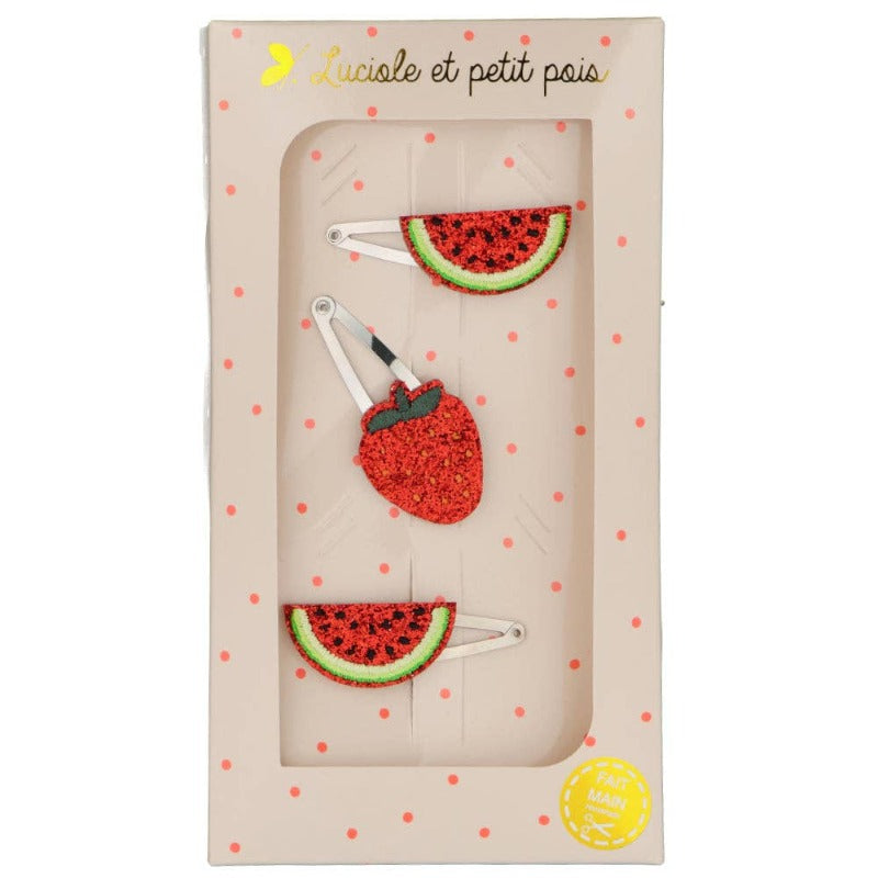 Coffret de 3 barrettes en forme de pastèques et fraise