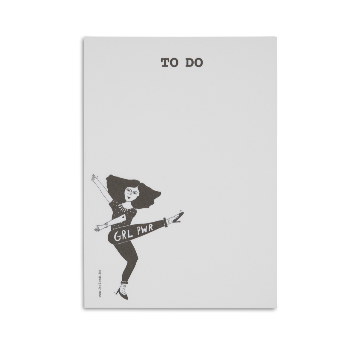 Bloc-notes en papier recyclé blanc de 100 feuilles. En haut, il est imprimé en noir TO DO et en bas à gauche, une illustration de l'helen b : Girl Power,