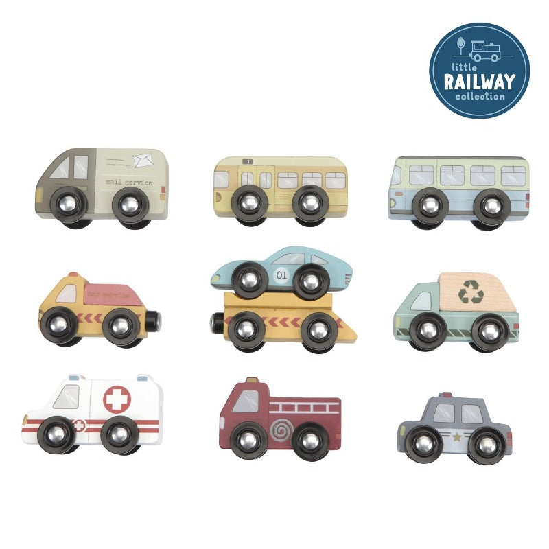 9 véhicules d'urgences et de service adaptés pour circuler sur les rails. Produits little Dutch en bois à partir de 2 ans.