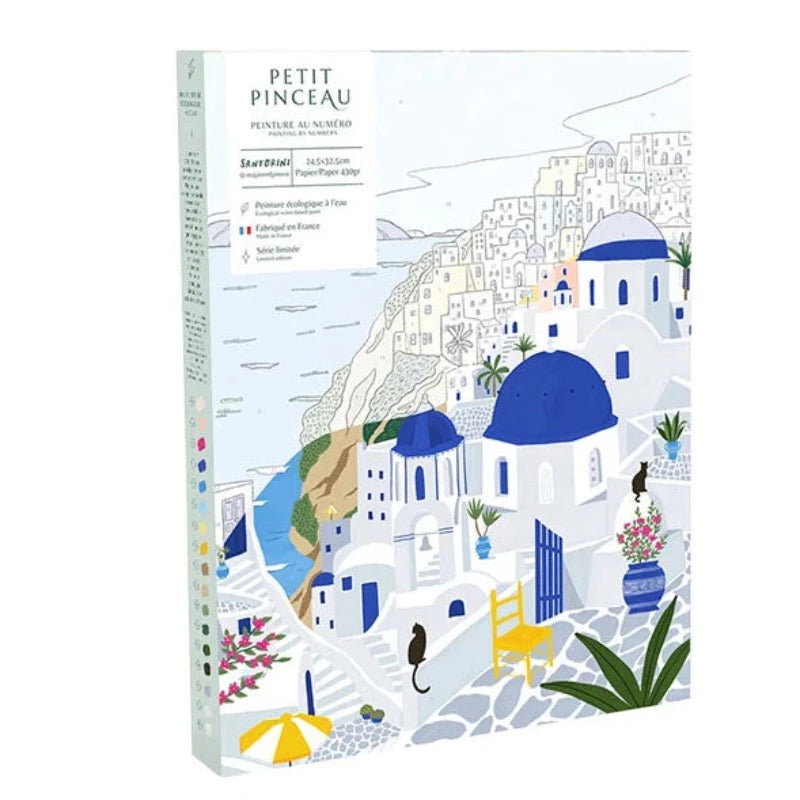 La Petite Épicerie a imaginé spécialement pour vous une jolie série de peinture au numéro, Petit pinceau. Elle vous propose cette peinture Santorini, conçue par l'illustratrice Maja Tomljanovic. Le coffret est 100% Made in France. A vos pinceaux !
