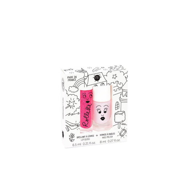 Objectif conte de fée avec ce duo magique pour princesses glam et pirates trop classes : vernis rose paillettes Polly et brillant à lèvres parfum framboise.