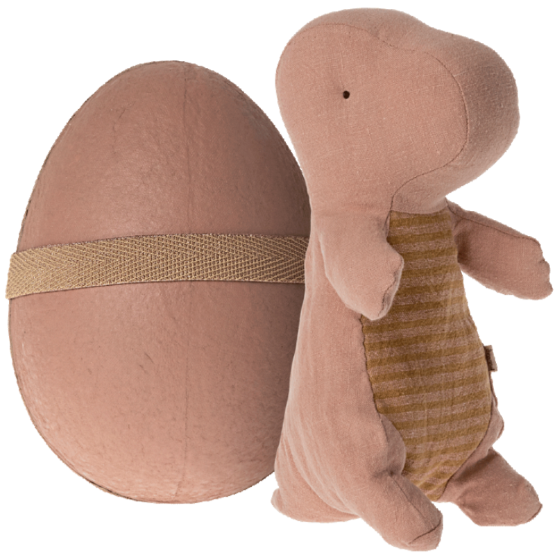 Doudou Gantosaurus de Maileg coloris vieux rose. Un dino livré dans un oeuf dimension 23 cm.