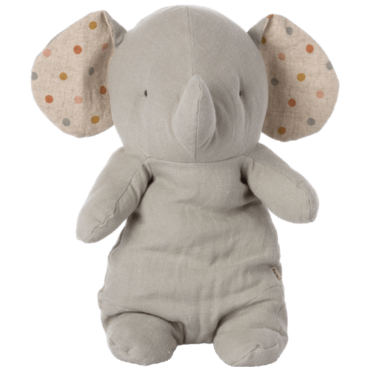Cet adorable éléphant n'est pas comme les autres, avec sa matière douce en lin et ses oreilles en imprimé pois, votre enfant en fera son meilleur doudou pour la vie.