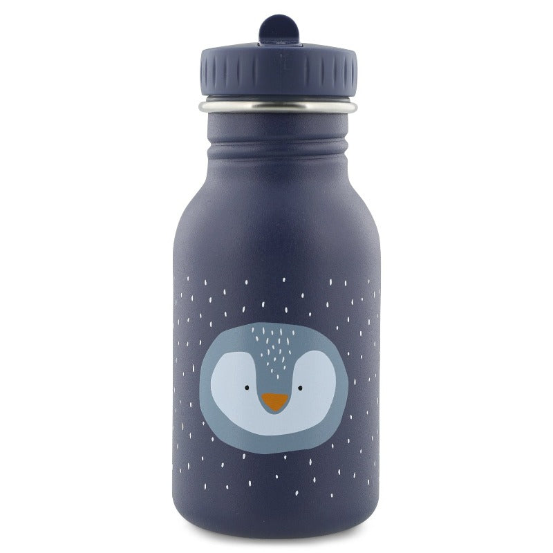 gourde de couleur bleu marine dotée d'un bec et d'une lanière avec déssinée sur le devant une tête de pingouin