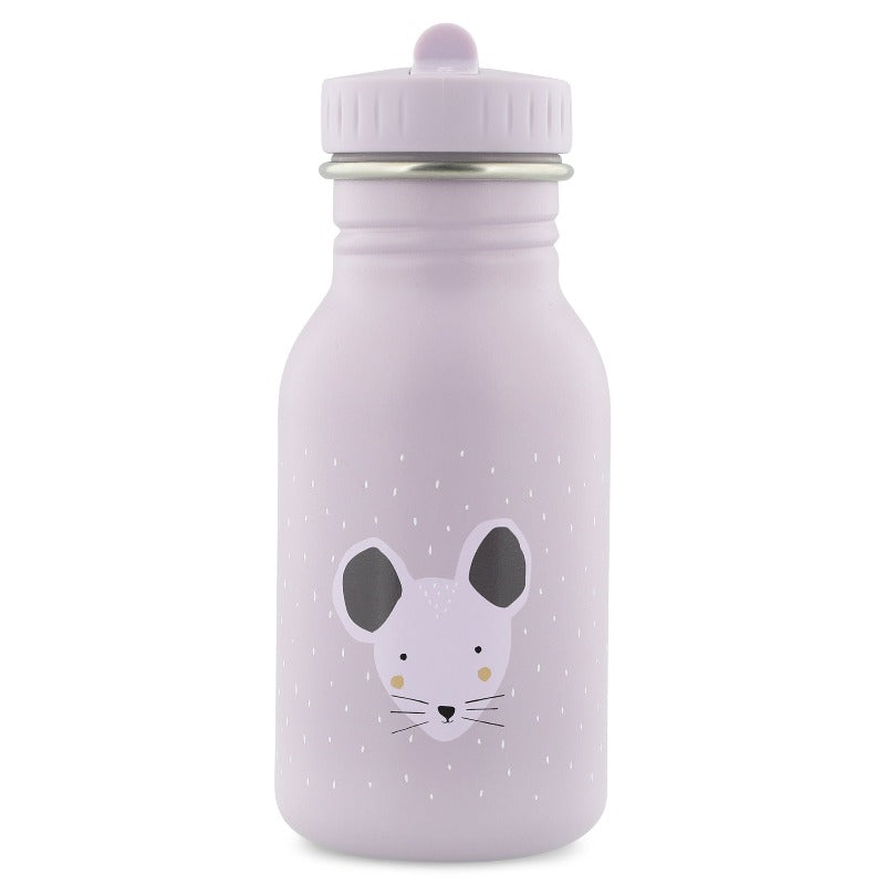 gourde de couleur mauve dotée d'un bec et d'une lanière avec une tête de souris déssinée sur le devant