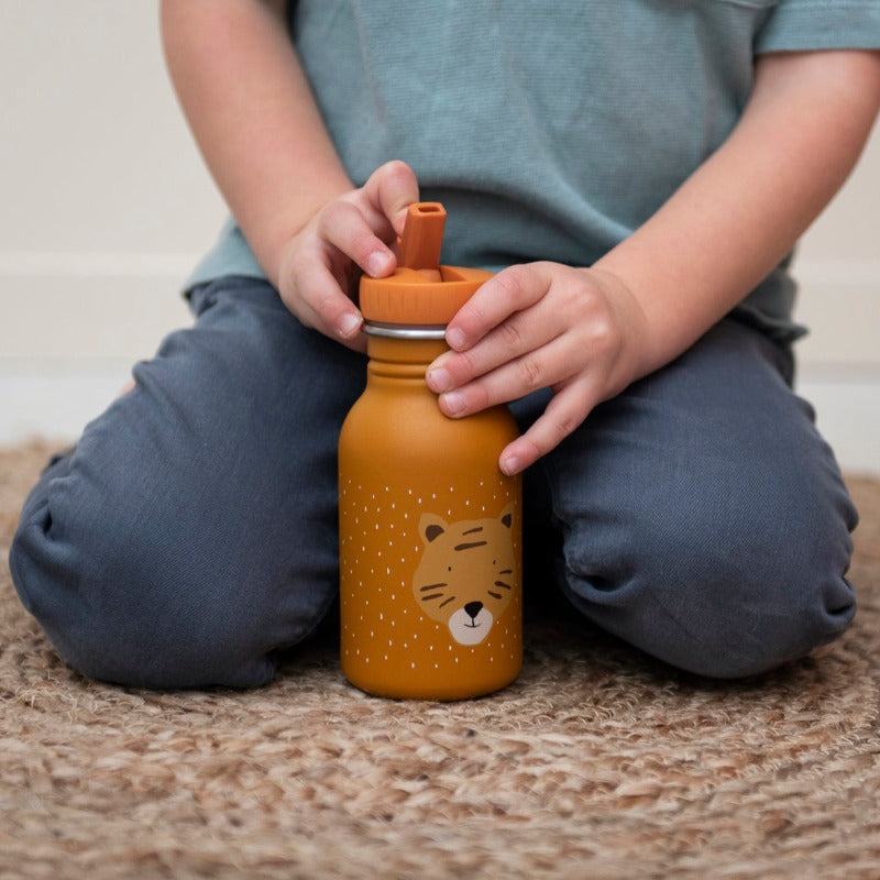 Gourde en acier inoxydable Les gourdes trixie possèdent un design coloré et épuré. Très pratique avec leur petite lanière amovible pour les porter au poignet, votre enfant aura toujours sa boisson à porter de main. Elles sont déclinées en plusieurs modèles : ours polaire, lion, crocodile, lapin, flamant rose, homard, tigre, singe ...