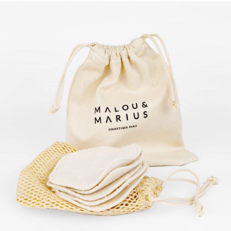 kit de 5 lingettes démaquillantes coton biologiques, dnas un sac de lavage et une pochette réutilisable. Malou et Marius propose ce kit fabriqué en france.