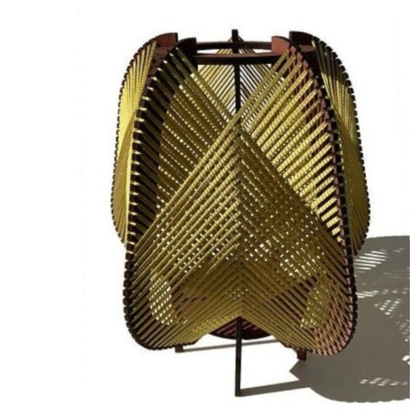 Lampe à poser modèle Otta de l'Atelier Mathilde Louise. Ossature de la lampe en bois teinté teck et tissage jaune.
