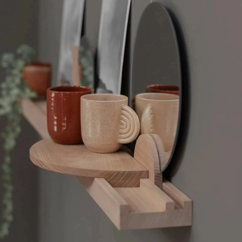 modules accessoires pour étagère mega-poses à rainure pour y disposer cadres, photos, bibelots, déco. fabriqué en Normandie artisanalement en chataignier