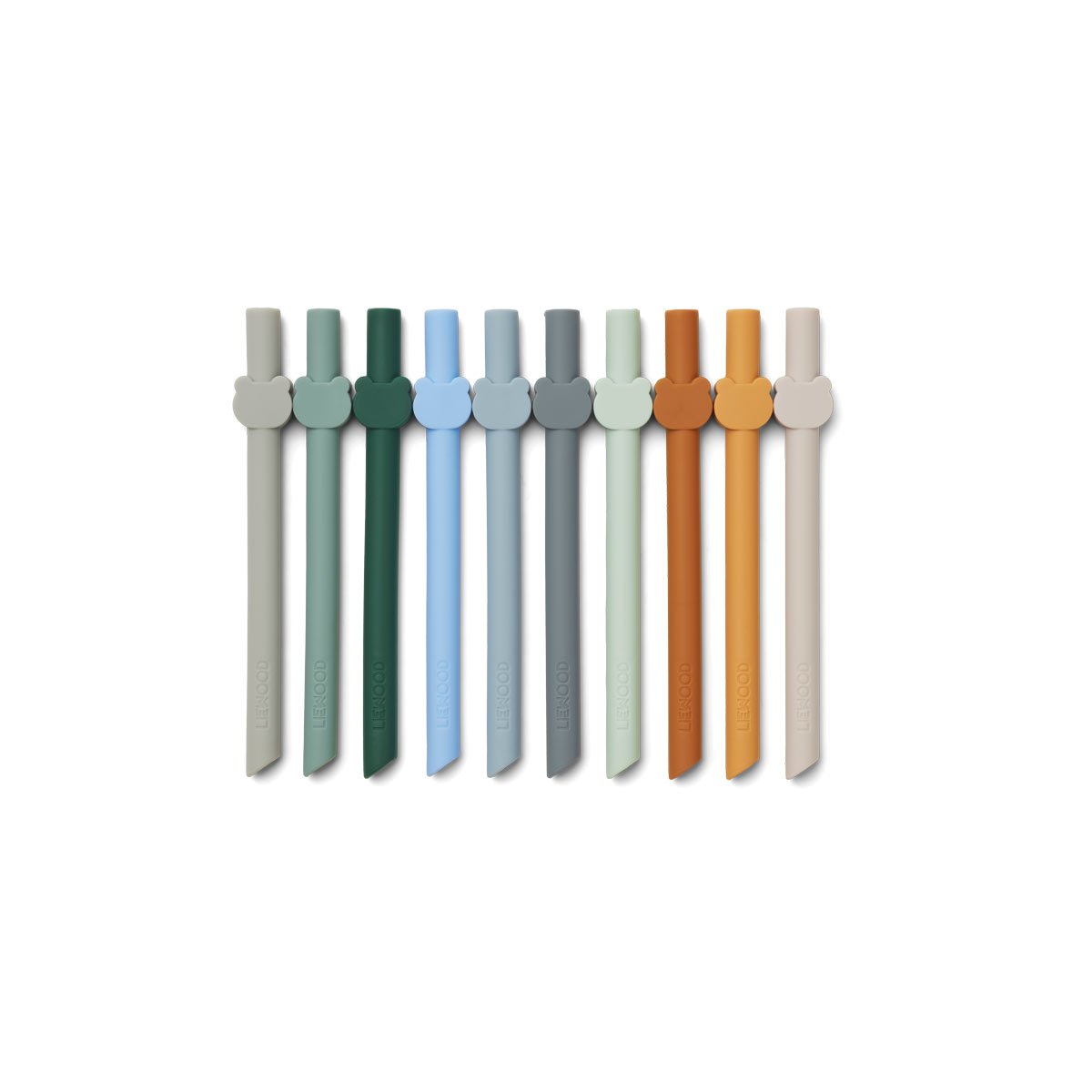 pailles Badu en silicone de Liewood. Pailles réutilsiables avec une t^te d'ourson. Coloris gris, vert forêt, vert menthe, vert tilleul, gris foncé, bleu clair, ocre, moutarde, beige.