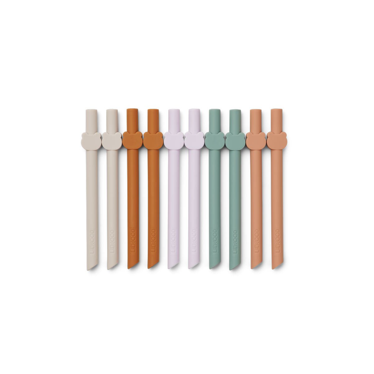 10 pailles Badu de Liewood. Pailles réutilisables coloris, beige, ocre, parme, vert rose.