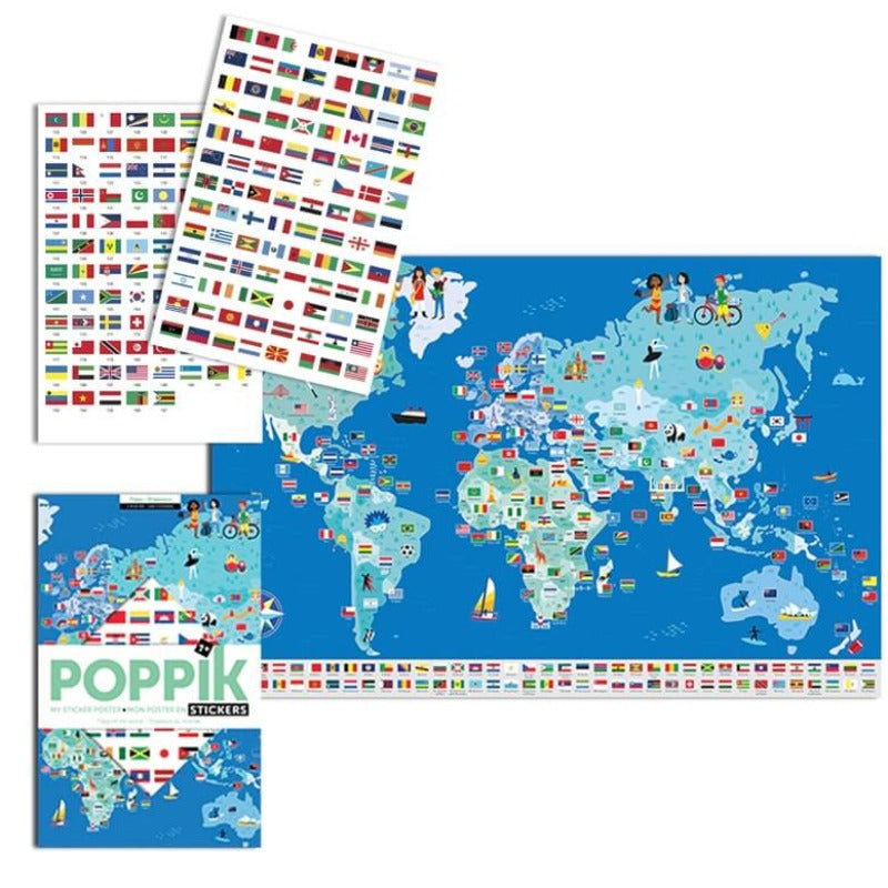 Drapeaux du monde. Affiche à compléter avec 200 stickers, dès 7 ans. Poppik