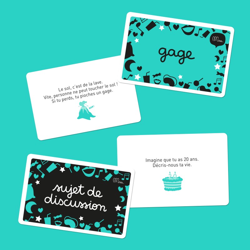 Format : 9 x 12 x 3 cm. Contenu : 33 cartes : " sujet de discussion " + 33 cartes : "gage" Couleur : noir + turquoise lumineux ! Âge : à partir de 6 ans