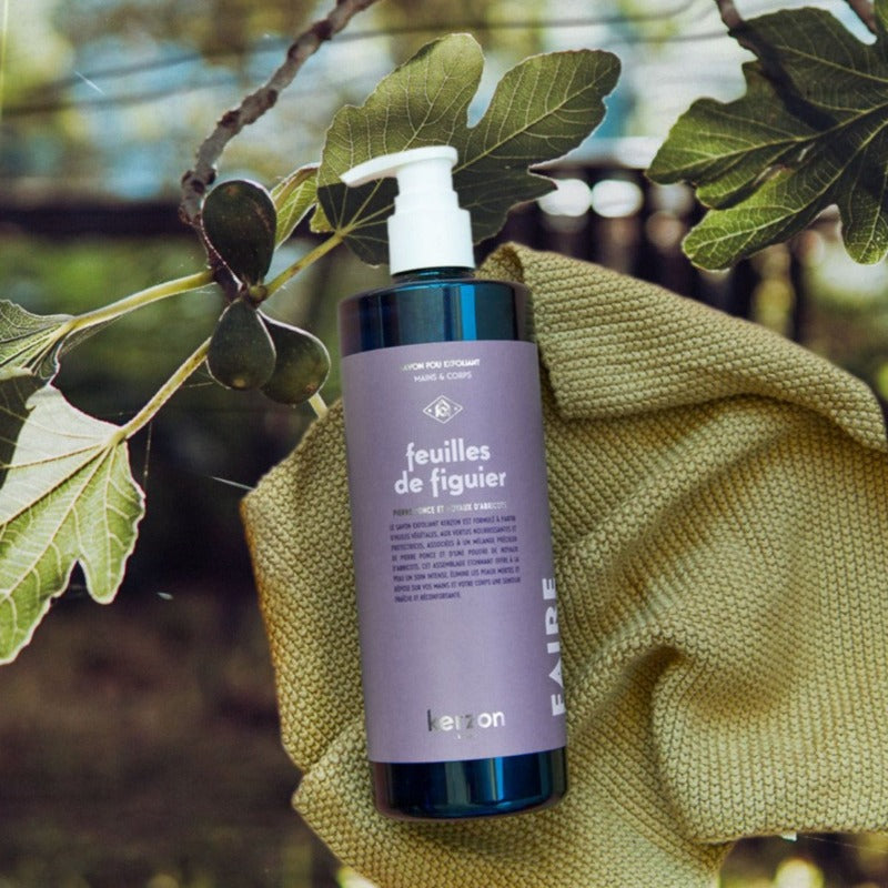 Savon exfoliant Kerzon feuilles de figuier. Bouteille 100% recyclable.