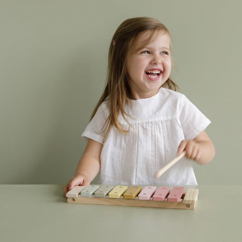 Un cadeau parfait pour l'enfant qui aime la musique ou pour susciter son intérêt. Apprenez à jouer de la musique sur le chouette Xylophone en bois de Little Dutch. Ce Xylophone aux couleurs joyeuses est livré avec deux baguettes de percussion. Caractéristiques : Matériau : pin Peinture à l'eau Dimensions : 29x14,7x4,4 cm Composition : bois de pin âge : 12 mois et +