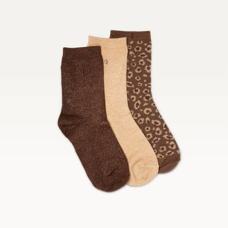Pack de 3 Chaussettes - Fantaisie paillettes et léopard marron doré