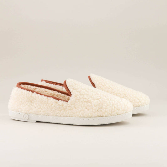 Chausson femme bouclette de laine, blanc camel