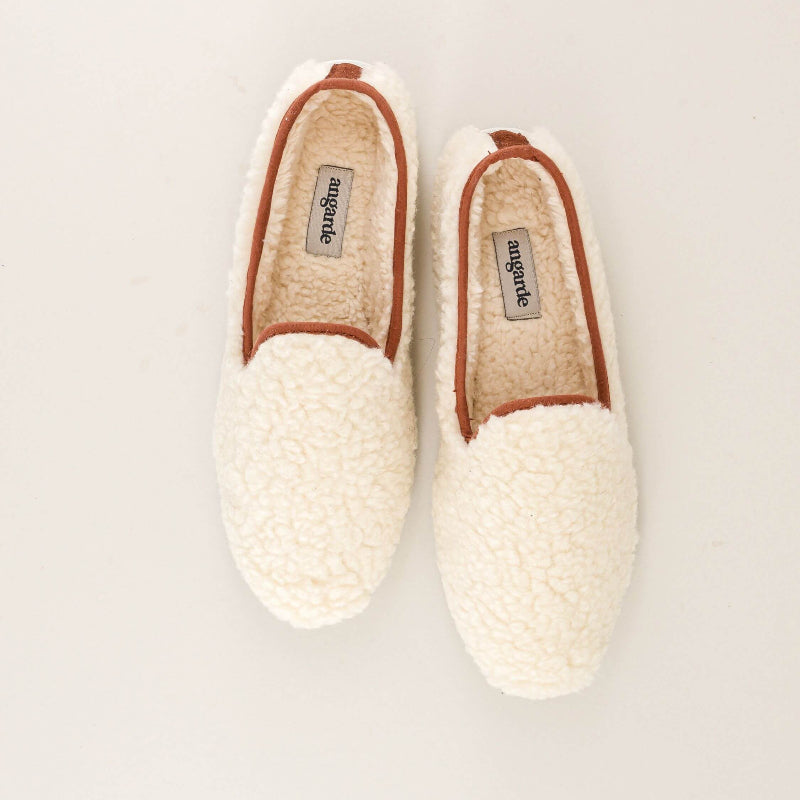 Chausson femme bouclette de laine, blanc camel