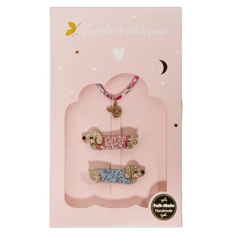 Coffret Teckel love - Barrettes teckel & Bracelet Wiltshire Bougainvillé (lapin)