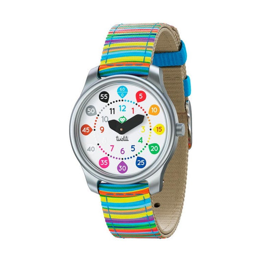 Une montre pour apprendre à lire l'heure dès 6 ans   Découvrez la montre Twistiti, ludique et éducative, parfaite pour tous les enfants qui apprennent à lire l’heure comme les grands.  Colorée, avec des nombres bien lisibles et clairs.  Montre avec un bracelet multicolore et rayé. 