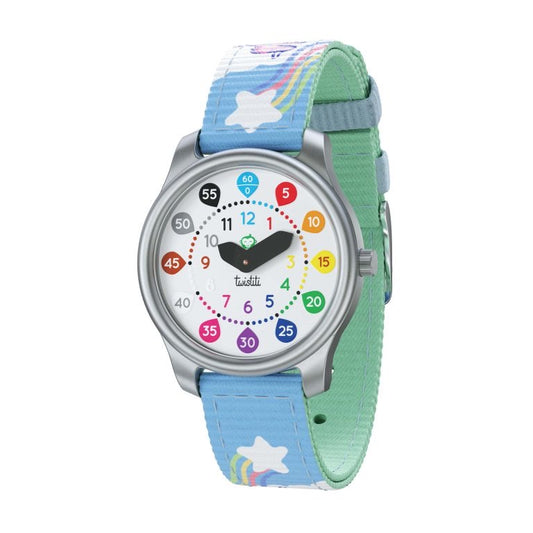 Une montre pour apprendre à lire l'heure dès 6 ans   Découvrez la montre Twistiti, ludique et éducative, parfaite pour tous les enfants qui apprennent à lire l’heure comme les grands.  Colorée, avec des nombres bien lisibles et clairs.  Bracelet unicorn dans les teintes pastels 