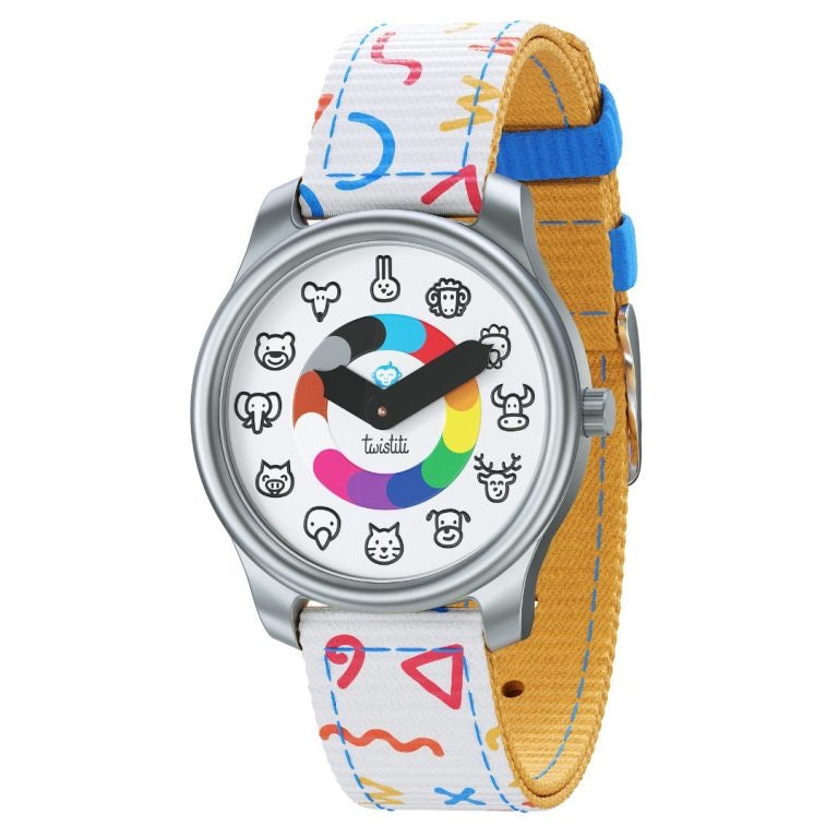 Une montre pour apprendre à lire l'heure dès 3 ans   Découvrez la montre Twistiti, ludique et éducative, parfaite pour tous les enfants qui apprennent à lire l’heure comme les grands.  Colorée, avec des animaux à la place des nombres.  Bracelet blanc avec des tracés multicolores