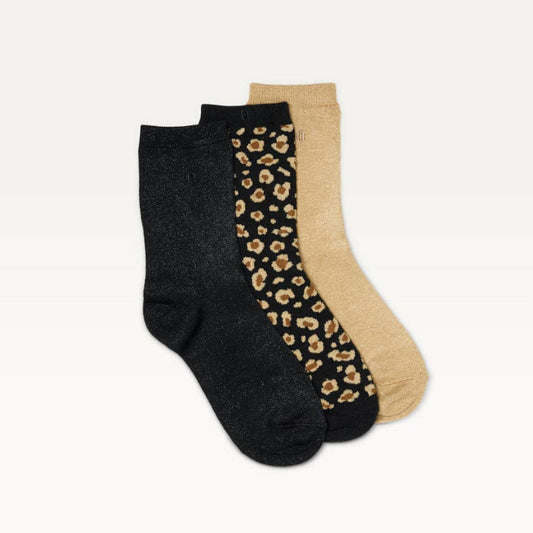 Pack de 3 Chaussettes - Fantaisie paillettes et léopard noir doré