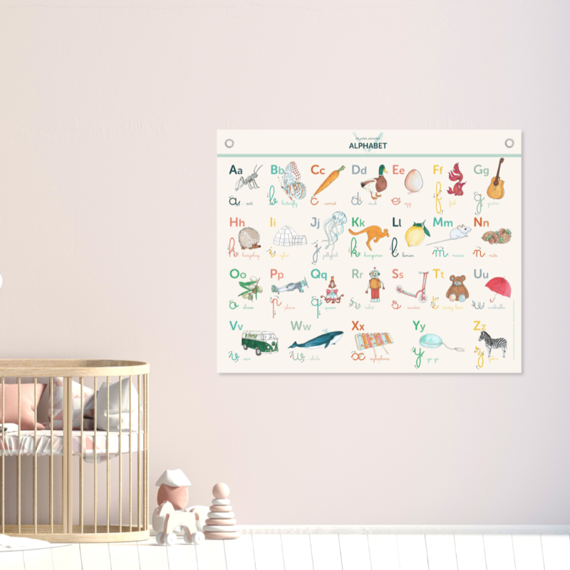 La planche Abécédaire, avec ses jolies illustrations, permet à l'enfant de la maternelle au CP à découvrir et apprendre les différentes formes d'écritures : cursive, script, majuscule ou minuscule.