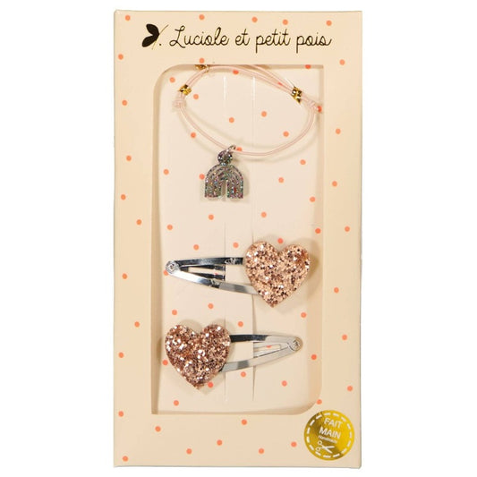 Coffret cadeau - Barrette & Bracelet rose pâle & Cœurs rose