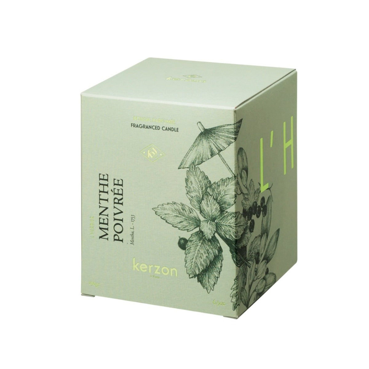 Bougie parfumée de la Collection l'Herbier senteur Menthe Poivrée de chez Kerzon. Etui en papier recyclable