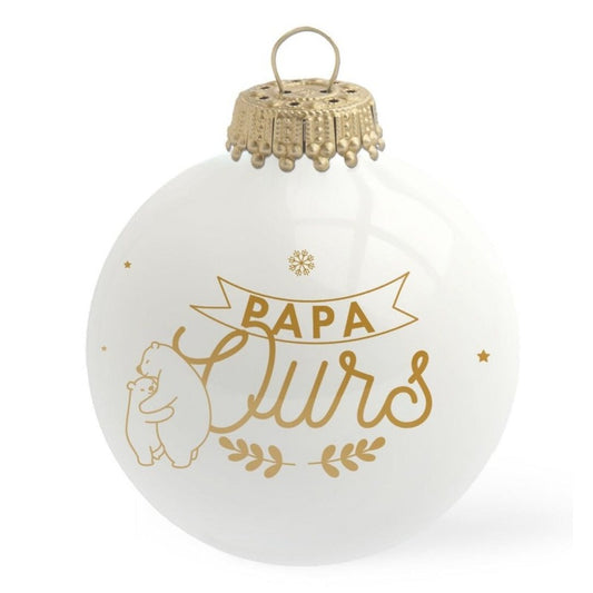 Boule de Noël Papa OUrs, de diamètre 8 cm en verre, sérigraphié en doré. Modèle Papa Ours. Boule de Noël personnalisée Baubels.