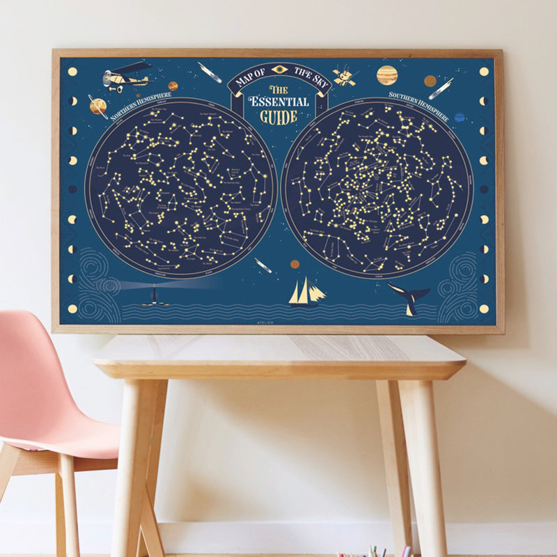 Poster carte du ciel, comprenant 640 stickers. Dès 8 ans. Un poster phosphorescent des constellations. Poppik.