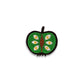 broche brodée pomme espionne collection DADA de macon et lesquoy.  Coloris vert cerné de noir avec un coeur maron et des pépins en forme d'oeils blanche et jaune.