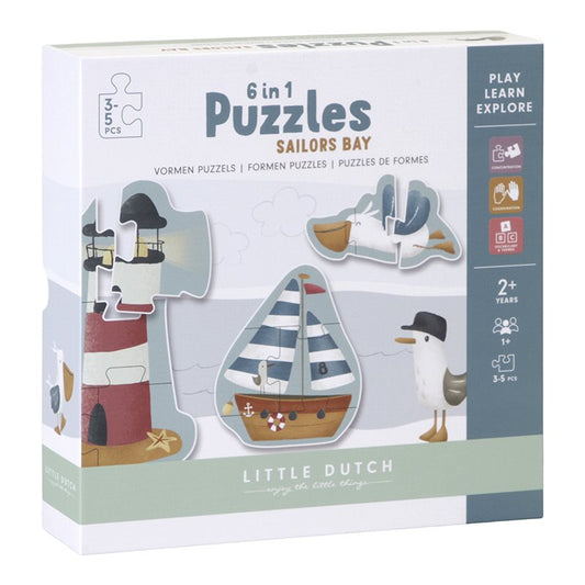 Encastrement, habileté et observation  Puzzles de 3 à 5 pièces sur le thème du port avec ses voiliers et ses oiseaux marins.   Faites découvrir à votre petit, dès 2 ans, ces puzzles magnifiquement ilustrés Little Dutch. Il s'émerveillera en assemblant chaque pièce pour découvrir les différents voiliers, mouettes et goélands.  6 puzzles avec un niveau de difficulté graduel. Votre enfant développera ses aptitudes d'observation, de motricité fine et de concentration.