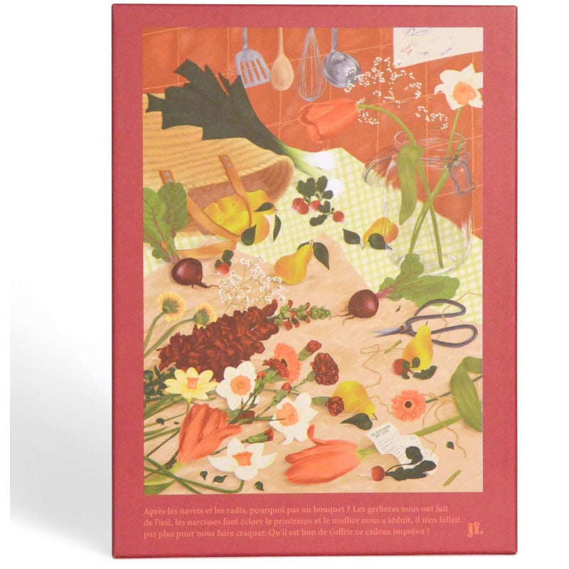 Visuel du dos de la boite du puzzle Retour de marché. Puzzle de 1000 pièces de la marque Jour Férie. Niveau facile. 
