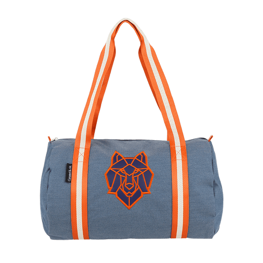sac polochon loup bleu avec 2 anses colorés orange et blanche. Tête de loup